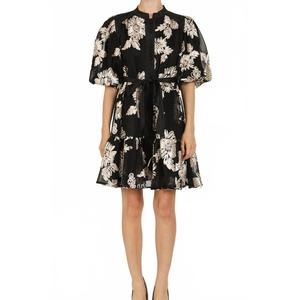 NEW BEULAHSTYLE jessica floral embroidered on mesh balloon mini dress in black &